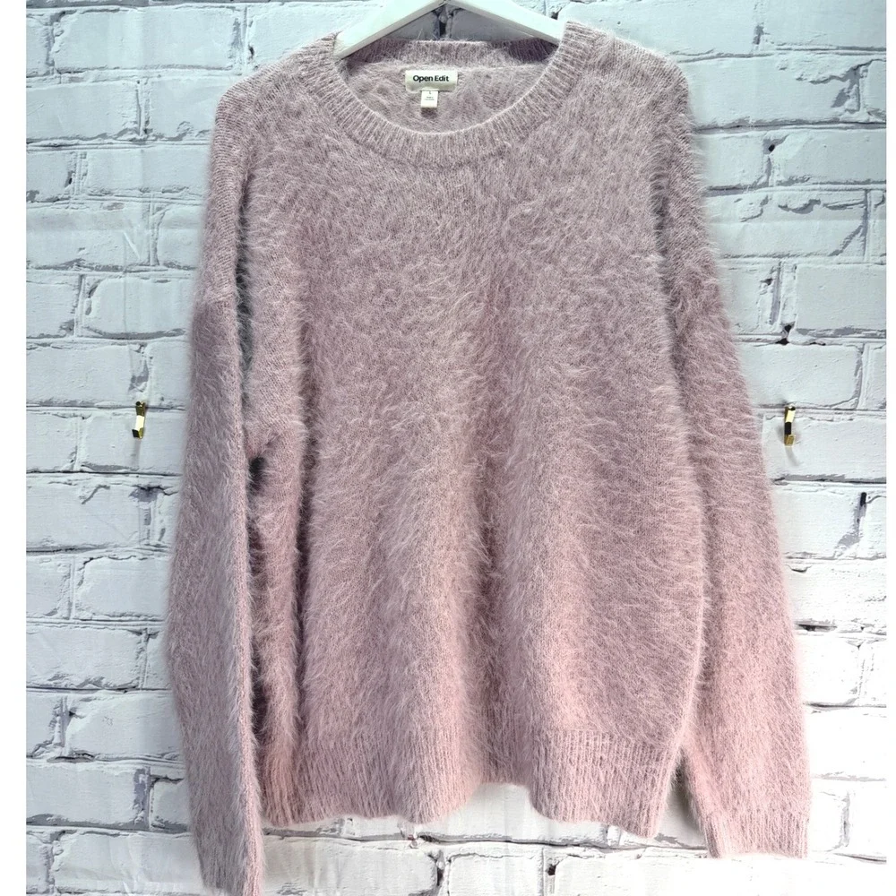 Open Edit Eyelash Knit Sweater Womens L Pink Fuzzy Pullover Crew Neck Cozy Soft